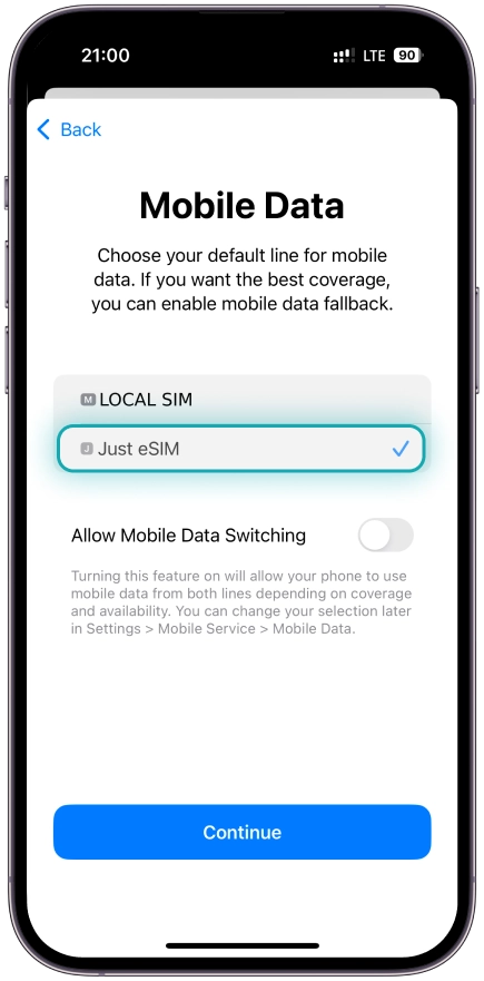 Select <b>Just eSIM as your line for Mobile Data</b> and tap <b>Continue</b>